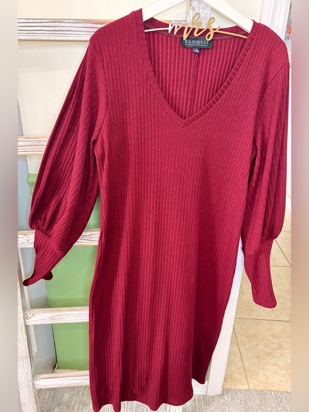 🍷 ELOQUII Burgundy Ribbed V-Neck Sweater Dress Size 14